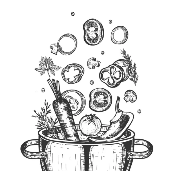鍋のベクトル手描きイラスト 玉ねぎリング スライスキノコ トマト コショウ 沸騰した水鍋にニンジン野菜 ヴィンテージエングレービングスタイル 白地に隔離された — ストックベクタ