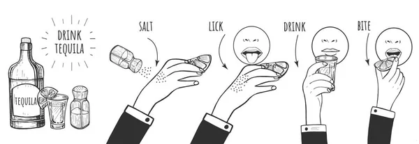 Vektor Illustration Alkoholhaltiga Populära Tequila Shot Dryck Recept Salt Slicka — Stock vektor