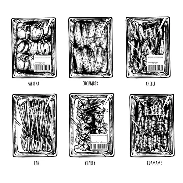 Ilustración Vectorial Del Envase Plástico Para Alimentos Pimentón Pepino Ají — Archivo Imágenes Vectoriales