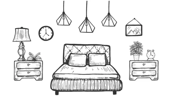 Illustration Vectorielle Dessinée Main Intérieur Chambre Lit Avec Couverture Oreiller — Image vectorielle