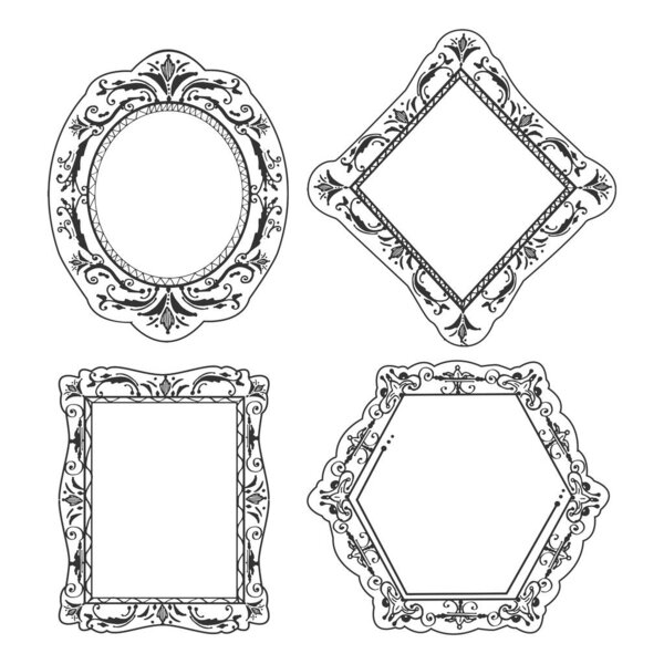 Vector hand drawn illustration of elegant royal calligraphic frame and dividers oval, rectangle, hexagonal, diamond shape in vintage engraved style. Isolated on white background.
