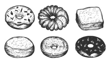 Donut setinin vektör çizimi. Tatlı şekerli kremalı tatlı ve çikolata parçacıklı. Şekerleme çeşitleri. Klasik el çizimi biçimi.