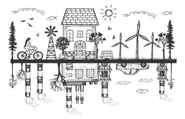 Endüstriyel kirliliğin ve yeşil teknolojinin temsilcisi. Yenilenebilir sağlık zararlı geleneksel enerji kaynaklarına karşı. Nükleer enerji santrali ve güneş paneli, yel değirmeni. Klasik el çizimi biçimi.