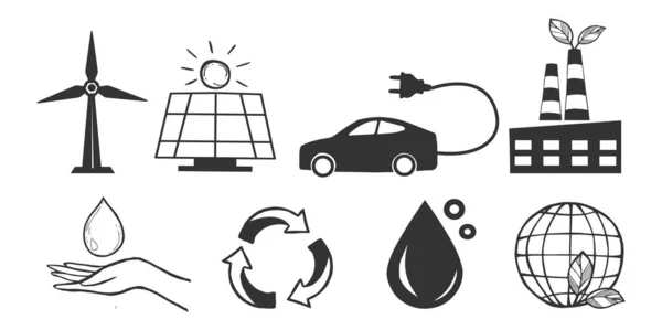 에너지 아이콘에 태양광 자동차 발전소 오염없는 재활용 생태학과 손으로 빈티지 — 스톡 벡터