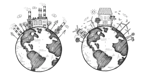 Векторная Иллюстрация Иконы Экологии Земли Традиционный Завод Вызывающий Промышленное Загрязнение — стоковый вектор