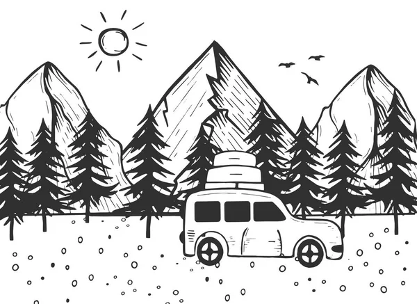 Vektor Illusztrációja Utazás Szabadtéri Aktív Nyaralás Hegyi Erdőben Autó Poggyásszal — Stock Vector