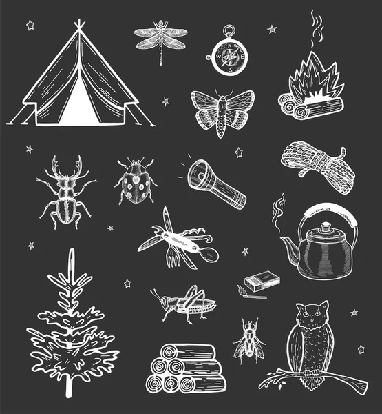 Illustration Vectorielle Attribut Camping Accessoires Voyage Tente Lampe Poche Feu — Image vectorielle