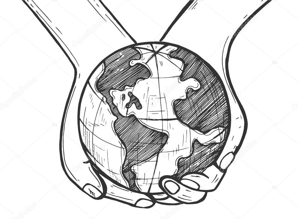 Vector illustration of earth protection symbol. Hand holding world globe planet. Protect nature and ecology concept. Vintage hand drawn style.