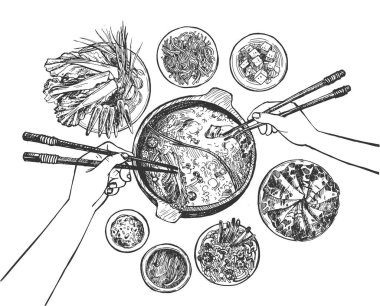Shabu Shabu geleneksel Japon yemeklerini çubuklarla yiyen iki grup elin vektör çizimi. Eski el çizimi oyma biçimi.