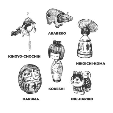 Japon geleneksel çocukların el yapımı oyuncaklarının vektör çizimi. Kokeshi, Inu-hariko, daruma, Hikoichi-koma, Akabeko, Kingyo Chochin. Eski el çizimi oyma biçimi.