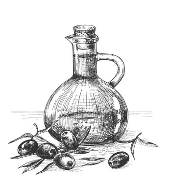 Güzel bir cam sürahi şişesinde zeytin yağının vektör çizimi. Taze zeytin. Eski el çizimi oyma biçimi.