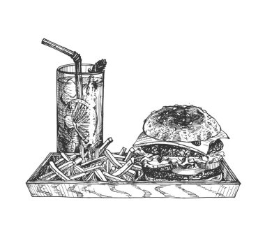 Hamburger ve patates kızartmasının vektör çizimi ya da tahta bir kontrplak tepside tatlı patates. Taze soğuk yaz limonatası. Fast food festivali, sokak yemekleri. - Evet. Eski el çizimi oyma biçimi.