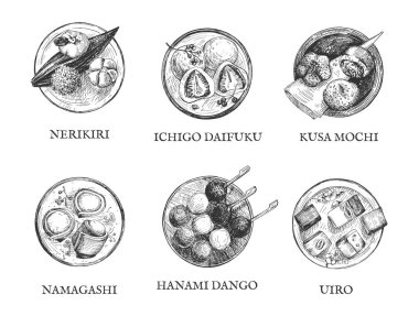 Hanami dango, Nerikiri, Uir, Kusa mochi, Ichigo daifuku, Namagashi. Eski el çizimi oyma biçimi.