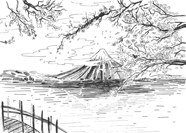 Ilustración Vectorial Paisaje Fondo Del Volcán Japonés Lago Sakura Cerezo — Archivo Imágenes Vectoriales