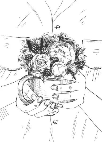 Ilustração Vetorial Mãos Mulher Segurando Vaso Jarro Cheio Belas Flores — Vetor de Stock