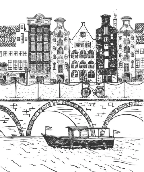 Ilustración Vectorial Calle Holanda Edificios Antiguos Canal Bicicleta Vintage Grabado — Archivo Imágenes Vectoriales