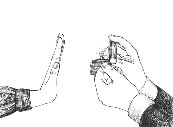 結婚提案の拒否のベクトルイラスト 婚約指輪を拒否した ヴィンテージ手描き彫刻エッチングスタイル — ストックベクタ