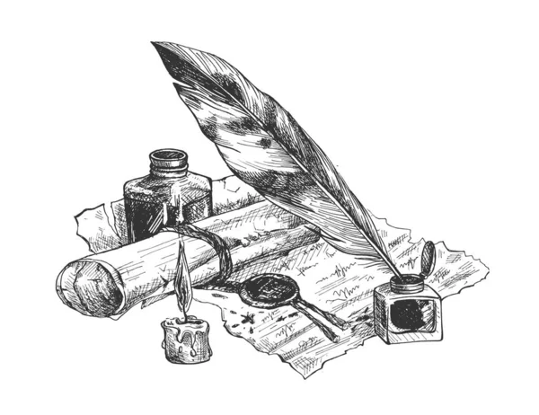 Εικονογράφηση Διανύσματος Αρχαίου Χειρογράφου Στυλό Και Μπουκαλάκια Μελανιού Σφραγίδα Κεριού — Διανυσματικό Αρχείο