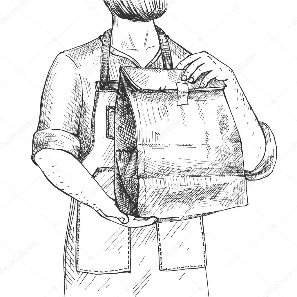 Vector illustration of a food delivery courier bearded man with a paper packaging with fast-food. Vintage hand drawn engraving etched style.