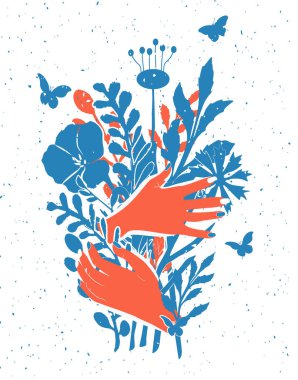 El ve çiçeklerin vektör çizimi. Dişi kol, elinde çiçek açan yabani bitkilerden oluşan bir buket tutuyor. Zarif dekoratif çiçek tasarımı elementi. Klasik el çizimi biçimi