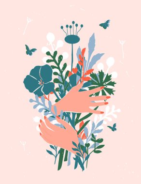 El ve çiçeklerin vektör çizimi. Dişi kol, elinde çiçek açan yabani bitkilerden oluşan bir buket tutuyor. Zarif dekoratif çiçek tasarımı elementi. Klasik el çizimi biçimi