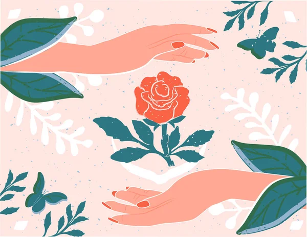 Vektor Illustration Hand Och Ros Kvinnliga Handflator Som Täcker Blommande — Stock vektor