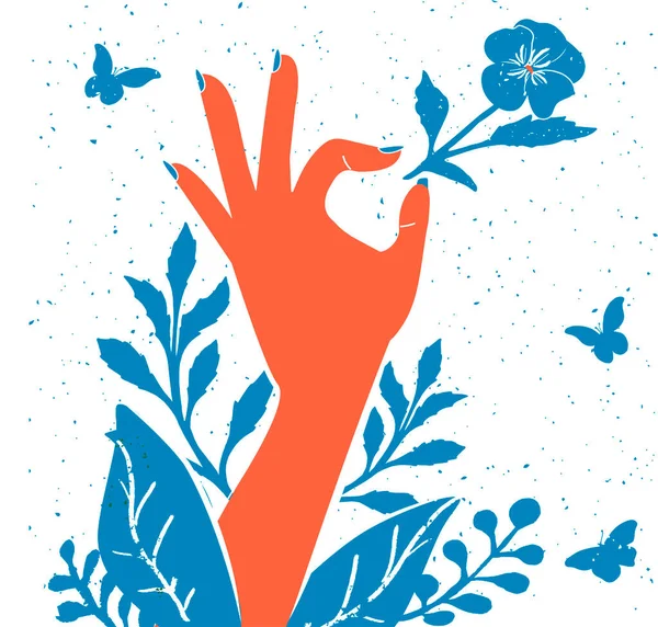 Векторні Ілюстрації Рук Трусів Жіночий Палець Тримає Квітку Трусів Природний — стоковий вектор