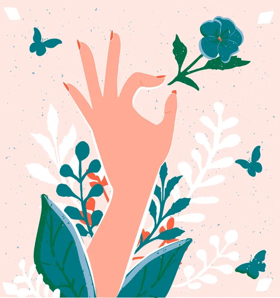 手とパンジーのベクトルイラスト 花を咲かせ続ける女性の指 植物の葉と蝶と自然背景 手描きのヴィンテージスタイル — ストックベクタ