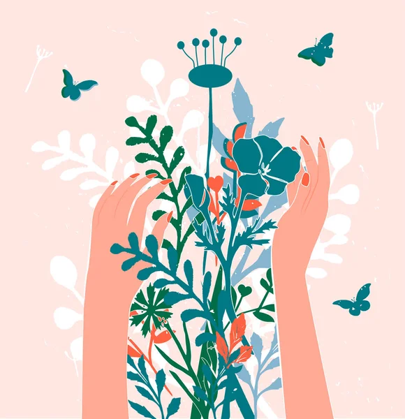 手と花の茂みのベクトルイラスト 葉や蕾を持つ女性の手を触れる植物 手描きのヴィンテージスタイル — ストックベクタ