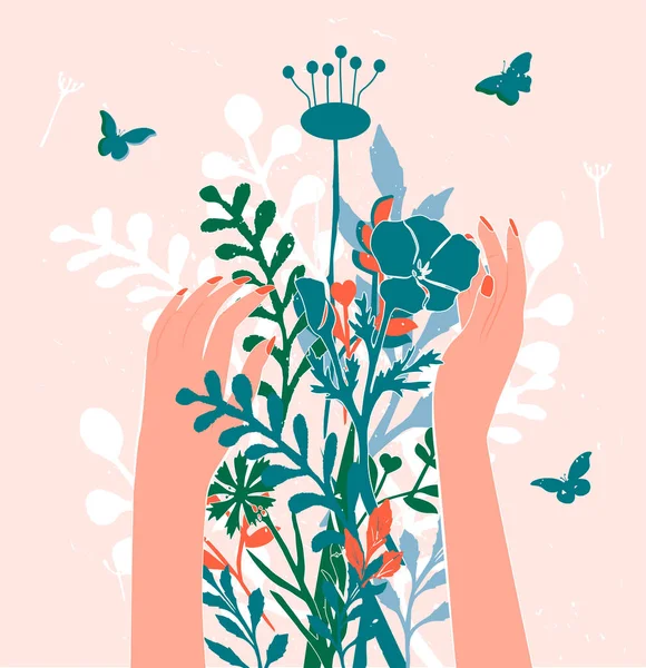 Ilustración Vectorial Mano Arbusto Flores Mano Femenina Tocando Plantas Con — Archivo Imágenes Vectoriales