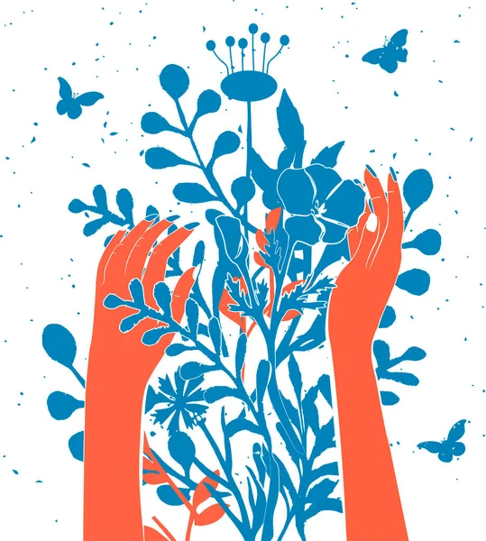 Векторні Ілюстрації Ручного Квіткового Кущів Жіноча Рука Торкається Рослин Листям — стоковий вектор