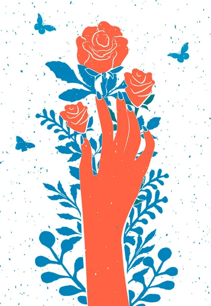 Векторна Ілюстрація Ручного Трояндового Куща Жіночий Палець Торкається Гострих Трояндових — стоковий вектор