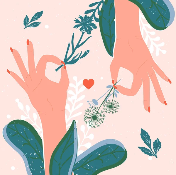 花と手のベクトルイラスト 開花春の植物の小枝を保持するOkジェスチャーと美しい女性の親指と人差し指 手描きのヴィンテージスタイル — ストックベクタ