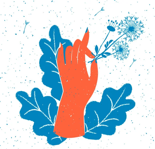 Vektorillustration Des Händchenhaltenden Löwenzahns Sommer Wildblume Weiblichen Finger Vintage Handgezeichneter — Stockvektor