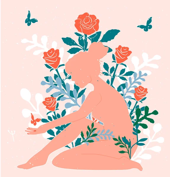 若い女性のベクトルイラストとバラ 花の上に美しい女の子のシルエット 花芽の間に座っている女性の姿 茎に葉 花の背景の女の子 手描きのヴィンテージスタイル — ストックベクタ