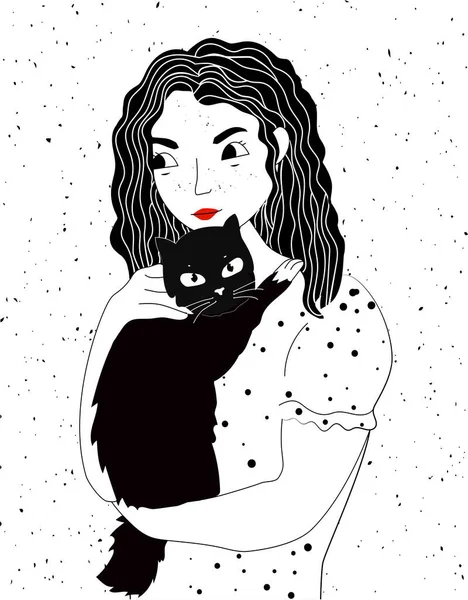 Vector Illustratie Van Meisje Kat Zwart Wit Portret Van Jonge — Stockvector