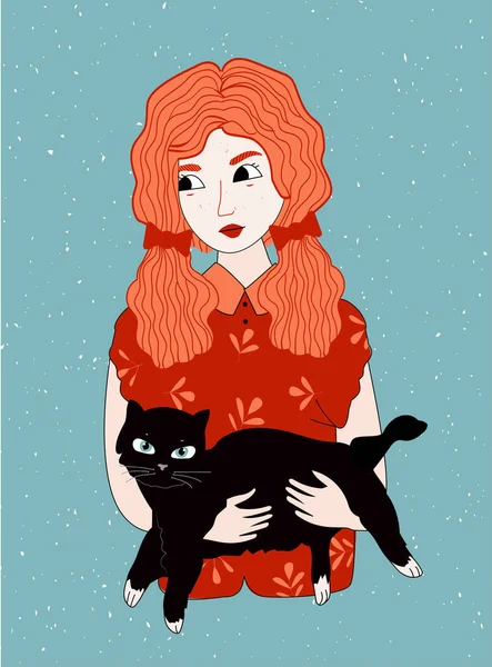 Vector Illustration Happy Pet Owner Red Haired Girl Holding Black — Stock Vector