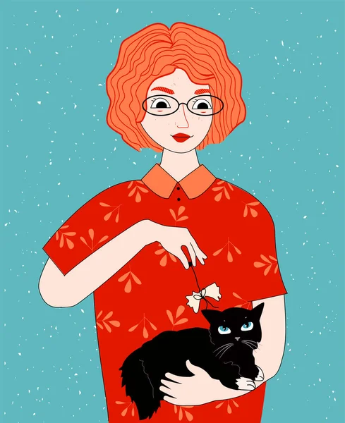 幸せなペットの所有者のベクトルイラスト 赤髪の少女が黒い猫を手に持っている 手描きのヴィンテージスタイル — ストックベクタ
