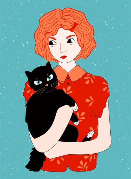 Ilustración Vectorial Feliz Dueño Mascotas Chica Pelirroja Sosteniendo Gato Negro — Archivo Imágenes Vectoriales