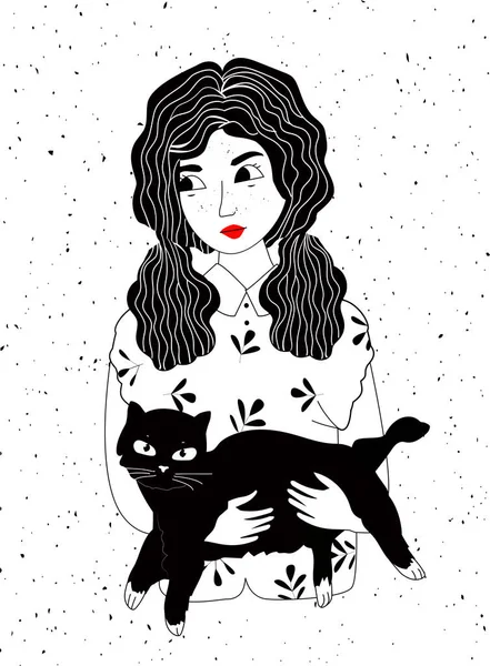 Vector Illustratie Van Meisje Kat Zwart Wit Portret Van Jonge — Stockvector