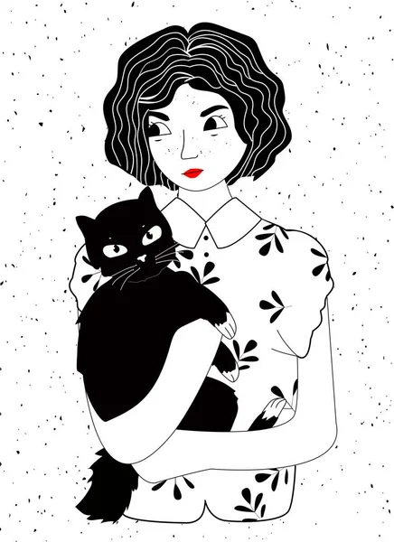 Vector Illustratie Van Meisje Kat Zwart Wit Portret Van Jonge — Stockvector