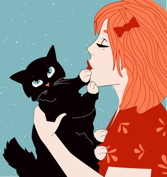ペットの所有者と猫のベクトルイラスト 愛らしい黒子猫を強く抱きしめるキス赤髪の女の子を愛します 国内動物と友情 手描きのヴィンテージスタイル — ストックベクタ