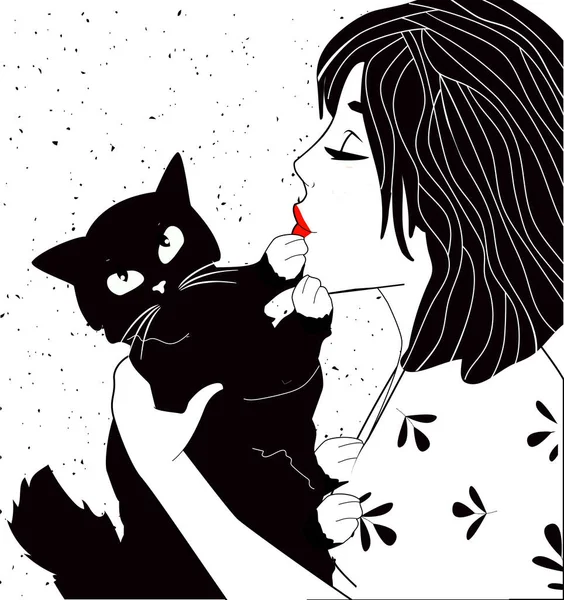 Illustration Vectorielle Femme Chat Jeune Belle Dame Aux Lèvres Rouges — Image vectorielle