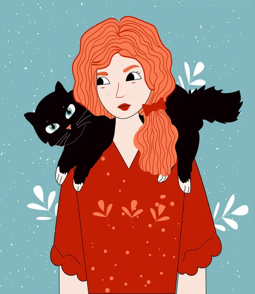 Ilustración Vectorial Feliz Dueño Mascotas Chica Pelirroja Sosteniendo Gato Negro — Archivo Imágenes Vectoriales