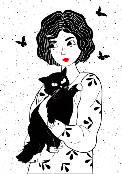 Vector Illustration Girl Cat Black White Portrait Young Woman Teenager — Stock Vector