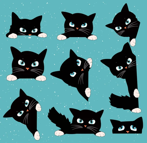 かわいい黒猫の顔セットのベクトルイラスト 隅の肖像画から見て遊び心のある子猫のスパイ ネコ科のペットコレクションをプレイ 手描きのヴィンテージスタイル — ストックベクタ