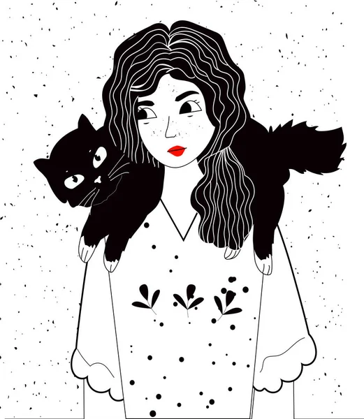 Vector Illustratie Van Meisje Kat Zwart Wit Portret Van Jonge — Stockvector