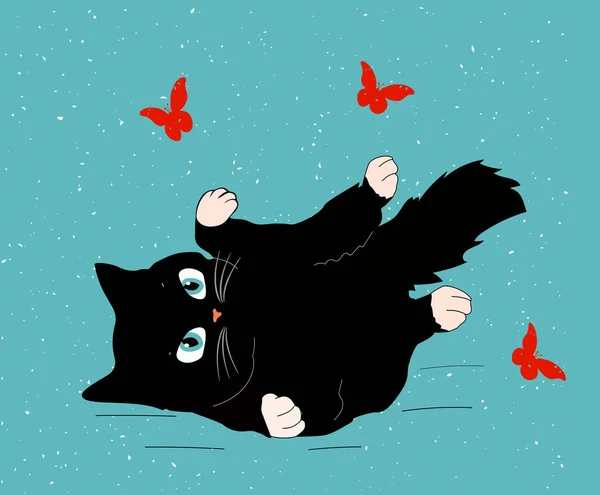 Illustration Vectorielle Chat Noir Jouant Avec Papillon Chaton Mignon Roulant — Image vectorielle