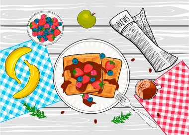 Lezzetli kahvaltının vektör çizimi. Çikolata soslu taze waffle, meyve ve meyve, sıcak kahve. Gazete manzaralı masa servisi. Klasik el çizimi biçimi.