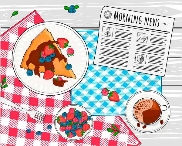 Ilustración Vectorial Naturaleza Muerta Del Desayuno Café Tarta Bayas Del — Vector de stock